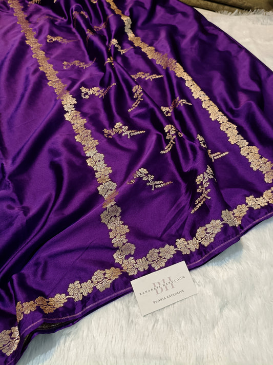 Pure Handloom Mashru Katan Silk Open Border Banarasi Saree with Floral Vine Weaving