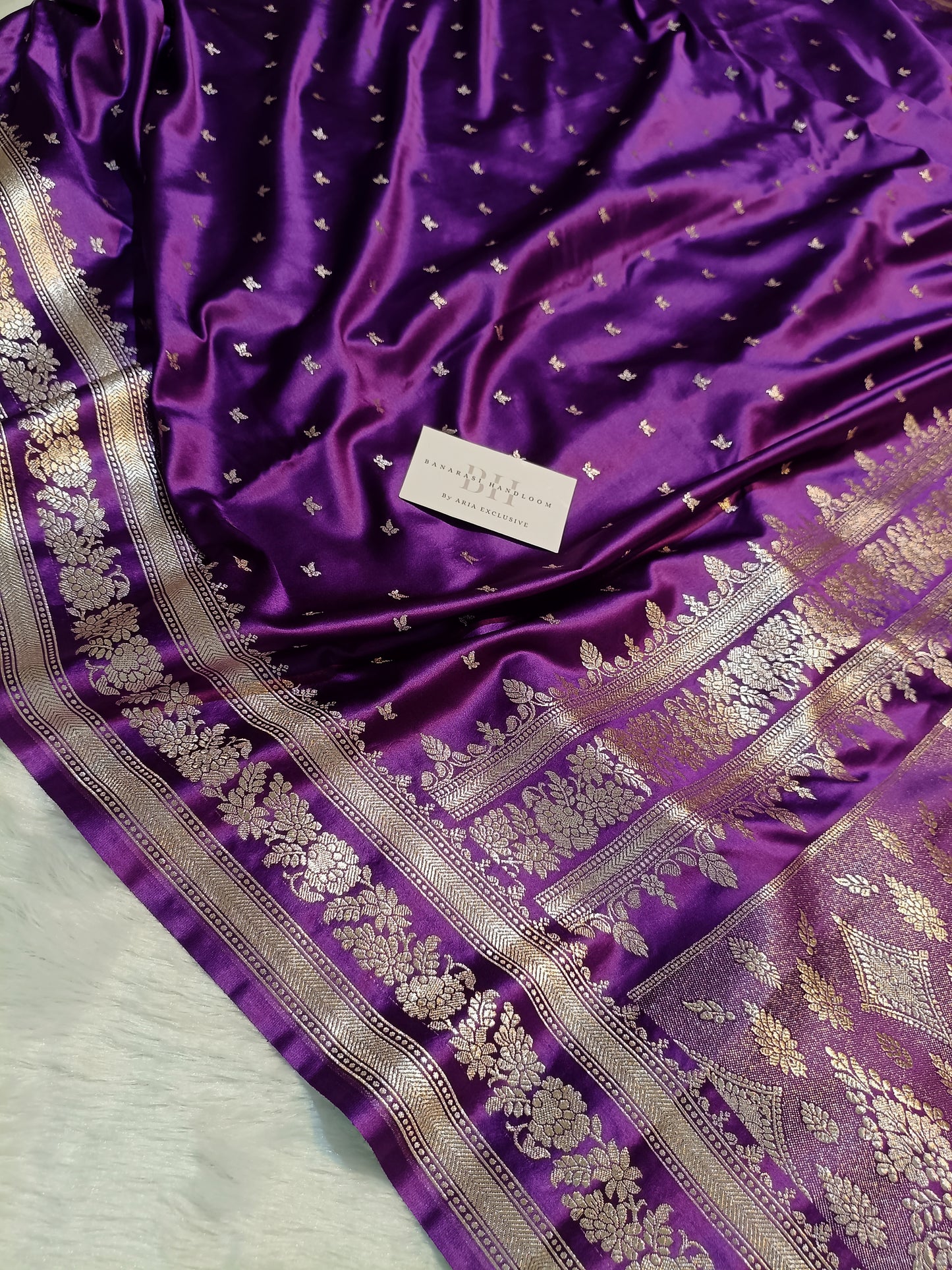 Pure Handloom Mashru Katan Silk Banarasi Saree with Small Leaf Booti and Designer Jaal Border