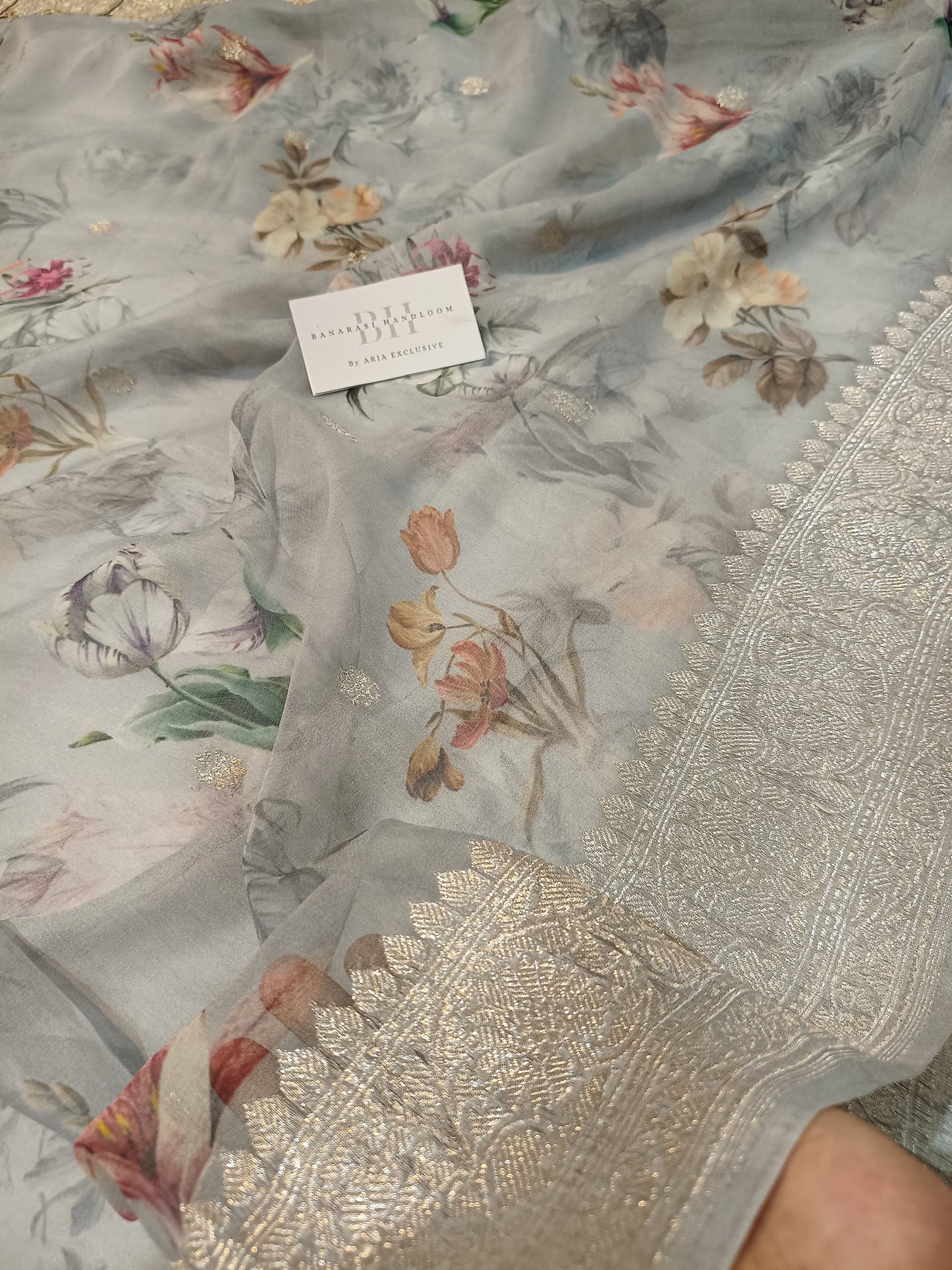 Pure Handloom Khaddi Chiffon Banarasi Saree with Floral Digital Print