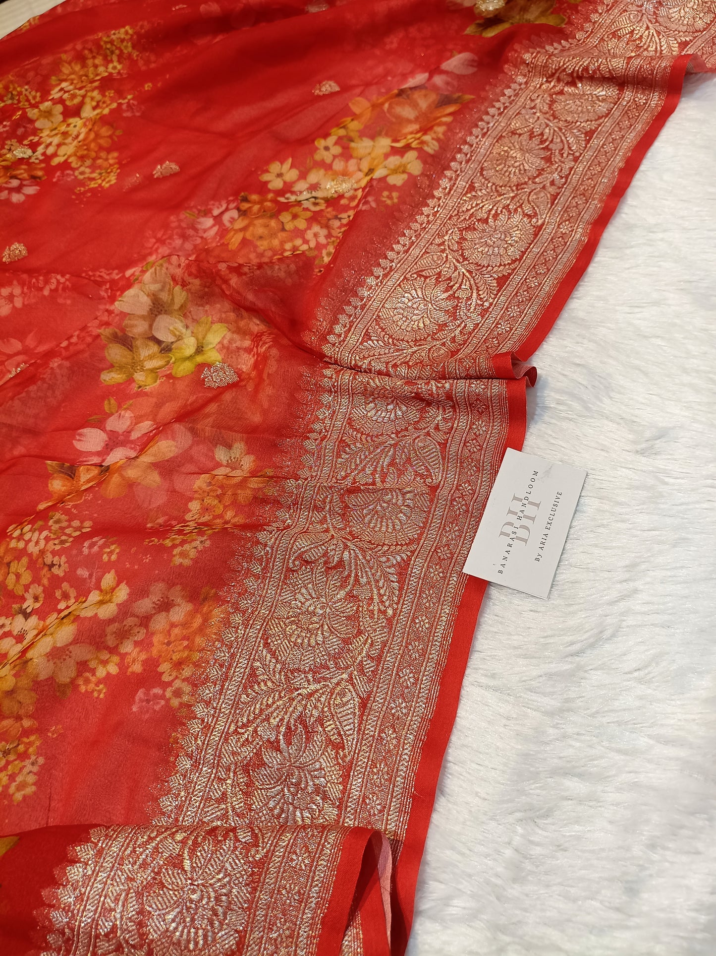 Pure Handloom Khaddi Chiffon Banarasi Saree with Floral Digital Print