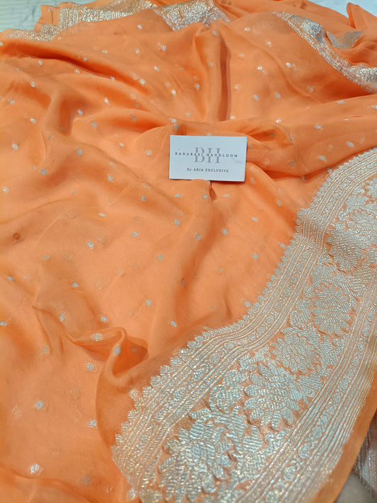 Pure Handloom Khaddi Chiffon Silver Zari Banarasi Saree