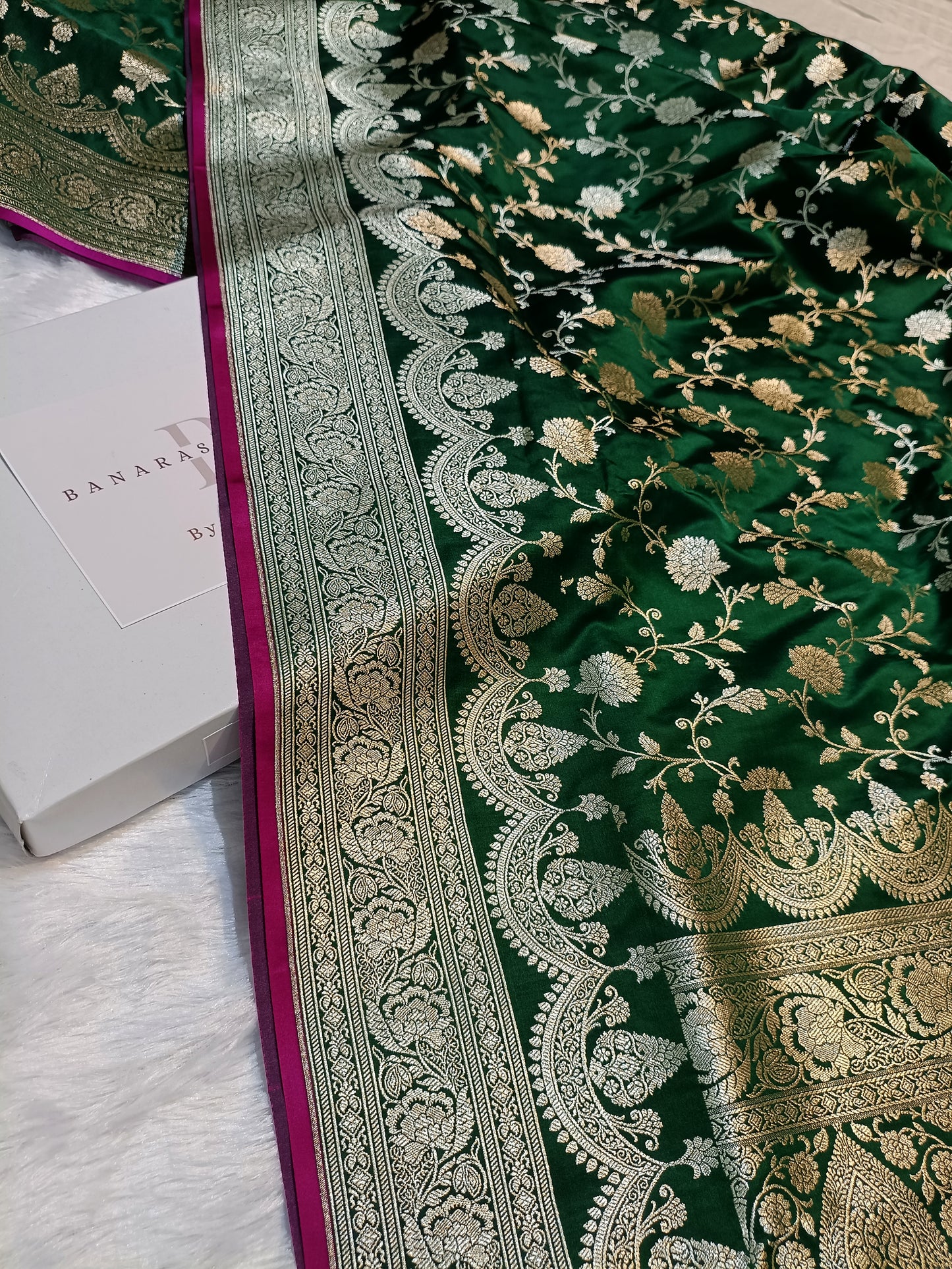 Pure Handloom Mashru Katan Silk Banarasi Saree with Floral Jaal Weaving