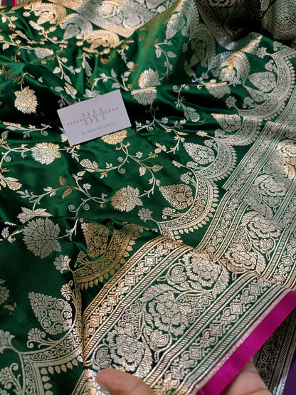 Pure Handloom Mashru Katan Silk Banarasi Saree with Floral Jaal Weaving