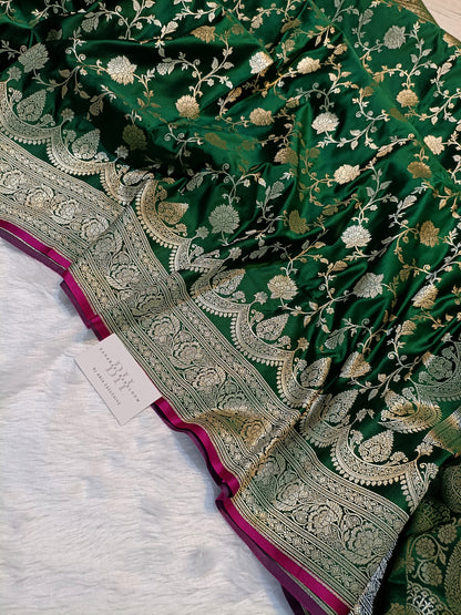 Pure Handloom Mashru Katan Silk Banarasi Saree with Floral Jaal Weaving