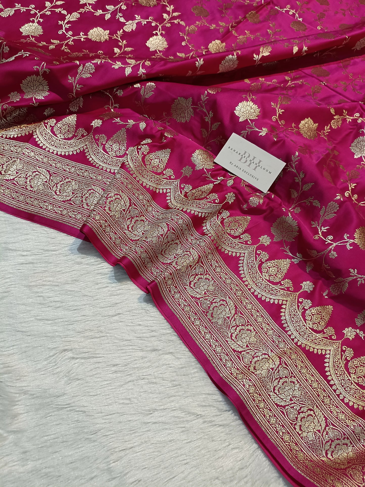 Pure Handloom Mashru Katan Silk Banarasi Saree with Floral Jaal Weaving