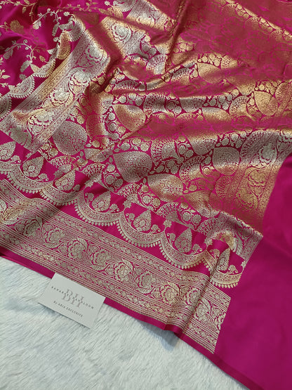 Pure Handloom Mashru Katan Silk Banarasi Saree with Floral Jaal Weaving