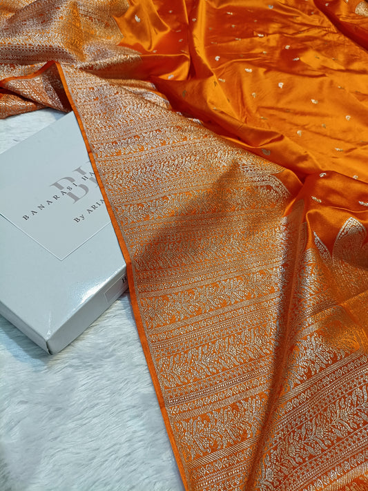 Pure Handloom Mashru Katan Silk Banarasi Saree with Skirt Border Weaving