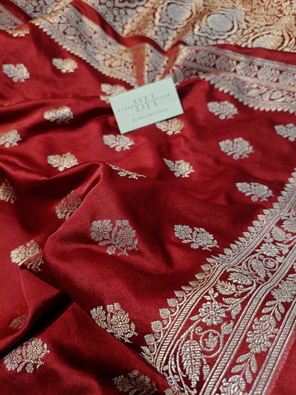 Pure Handloom Mashru Katan Silk Banarasi Saree with Floral Buti and Jangla Pallu