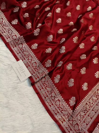 Pure Handloom Mashru Katan Silk Banarasi Saree with Floral Buti and Jangla Pallu