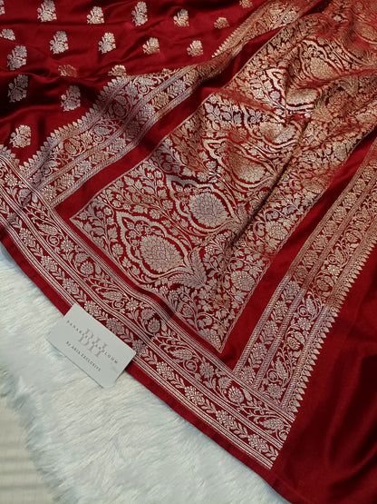 Pure Handloom Mashru Katan Silk Banarasi Saree with Floral Buti and Jangla Pallu