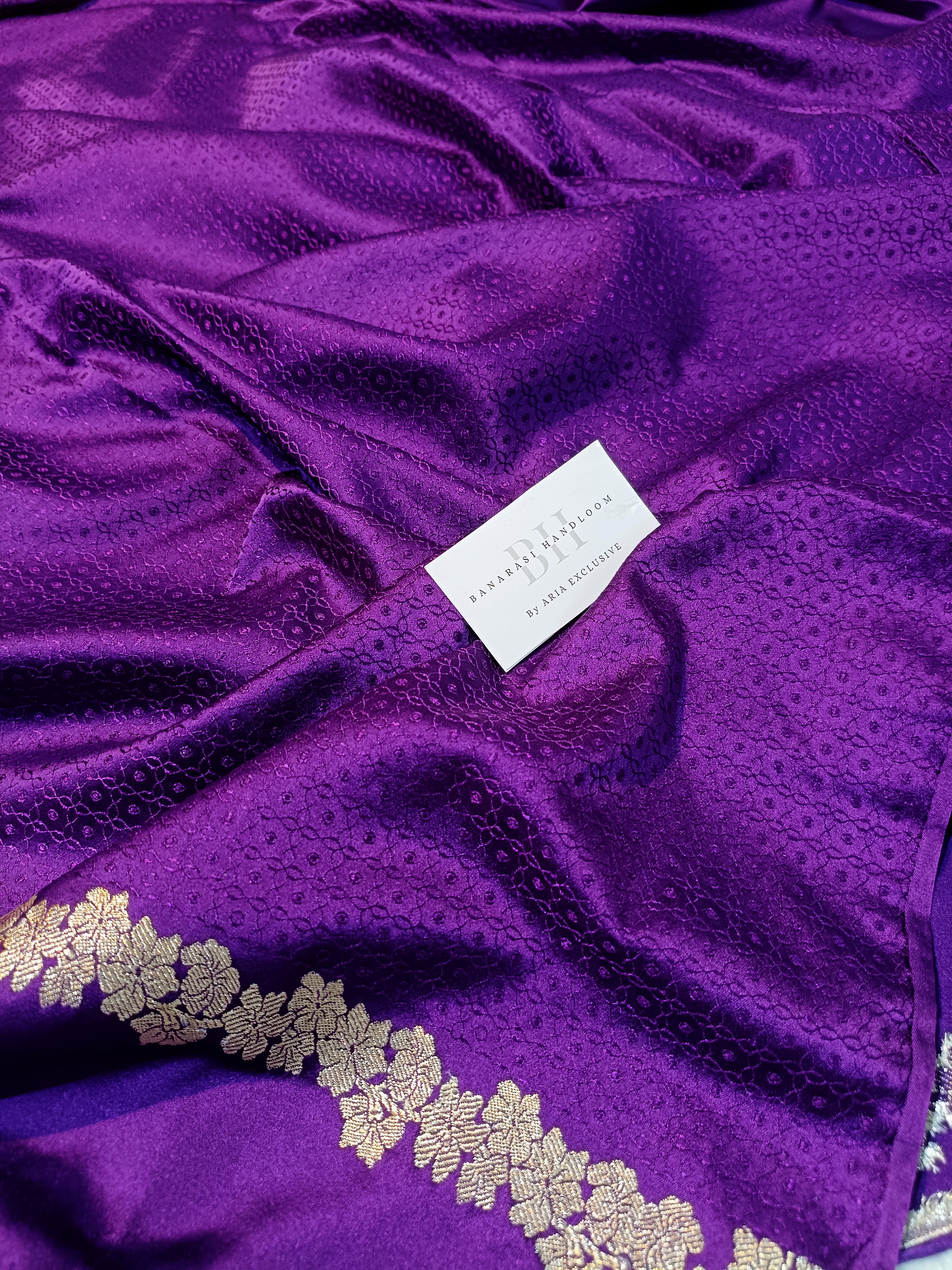 Pure Handloom Mashru Katan Silk Open Border Banarasi Saree with Floral Vine Weaving
