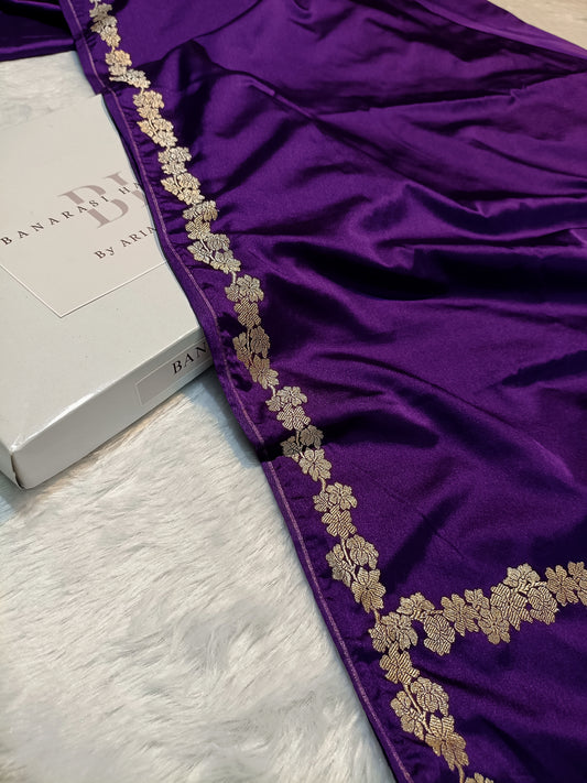 Pure Handloom Mashru Katan Silk Open Border Banarasi Saree with Floral Vine Weaving