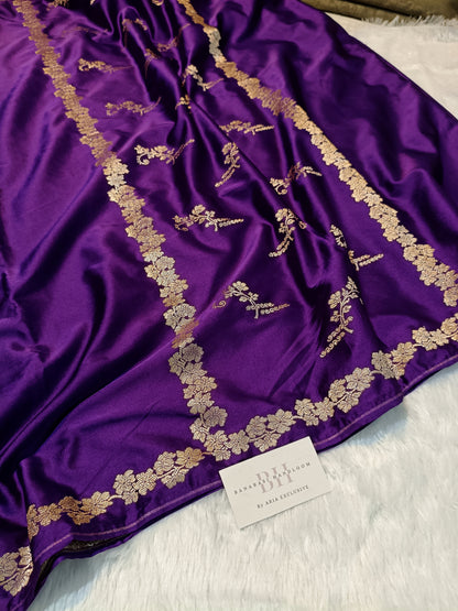Pure Handloom Mashru Katan Silk Open Border Banarasi Saree with Floral Vine Weaving