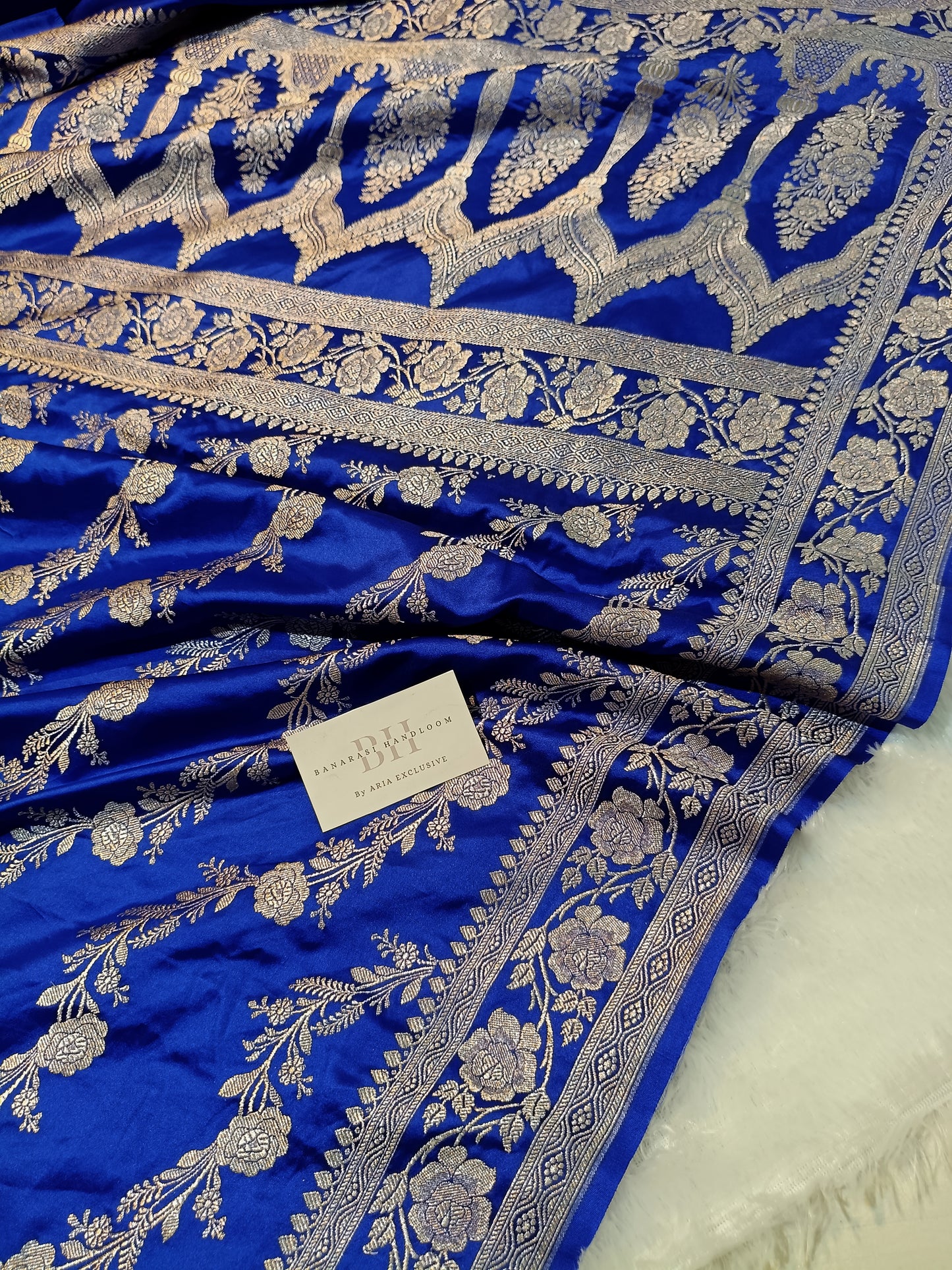 Pure Handloom Mashru Katan Silk Banarasi Saree with Floral Jaal and Border Weaving