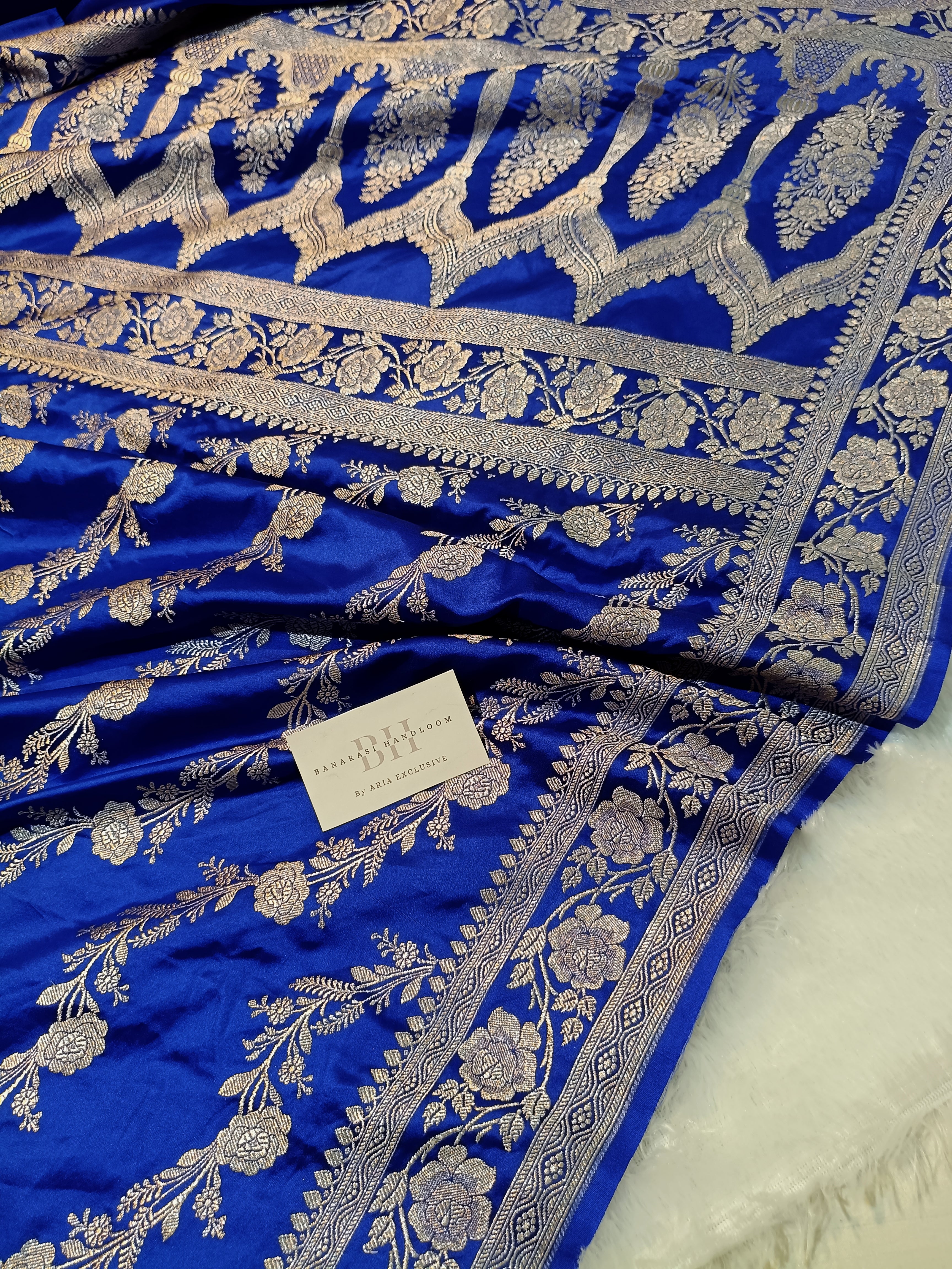 Pure Handloom Mashru Katan Silk Banarasi Saree with Floral Jaal and Border Weaving