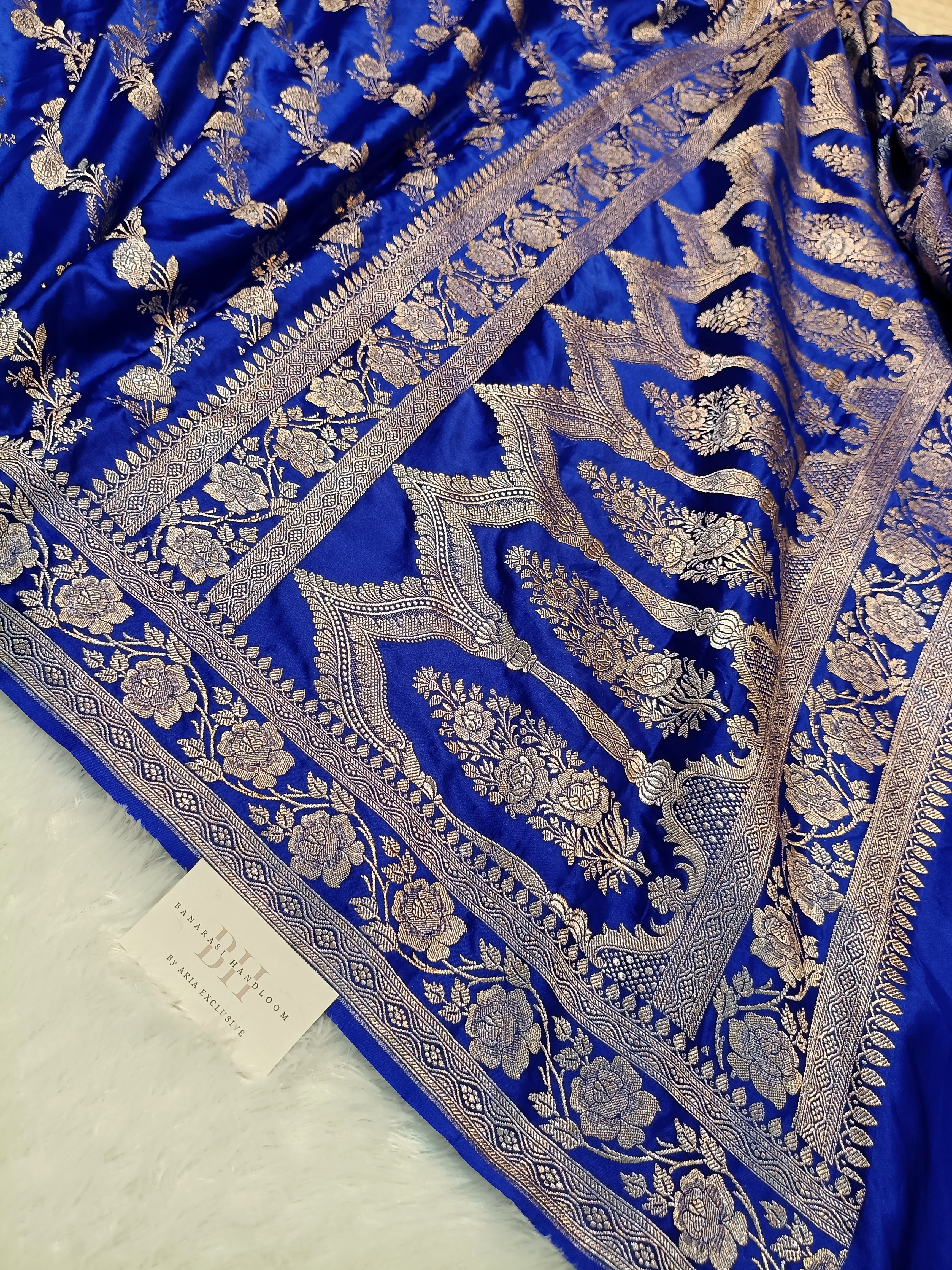 Pure Handloom Mashru Katan Silk Banarasi Saree with Floral Jaal and Border Weaving