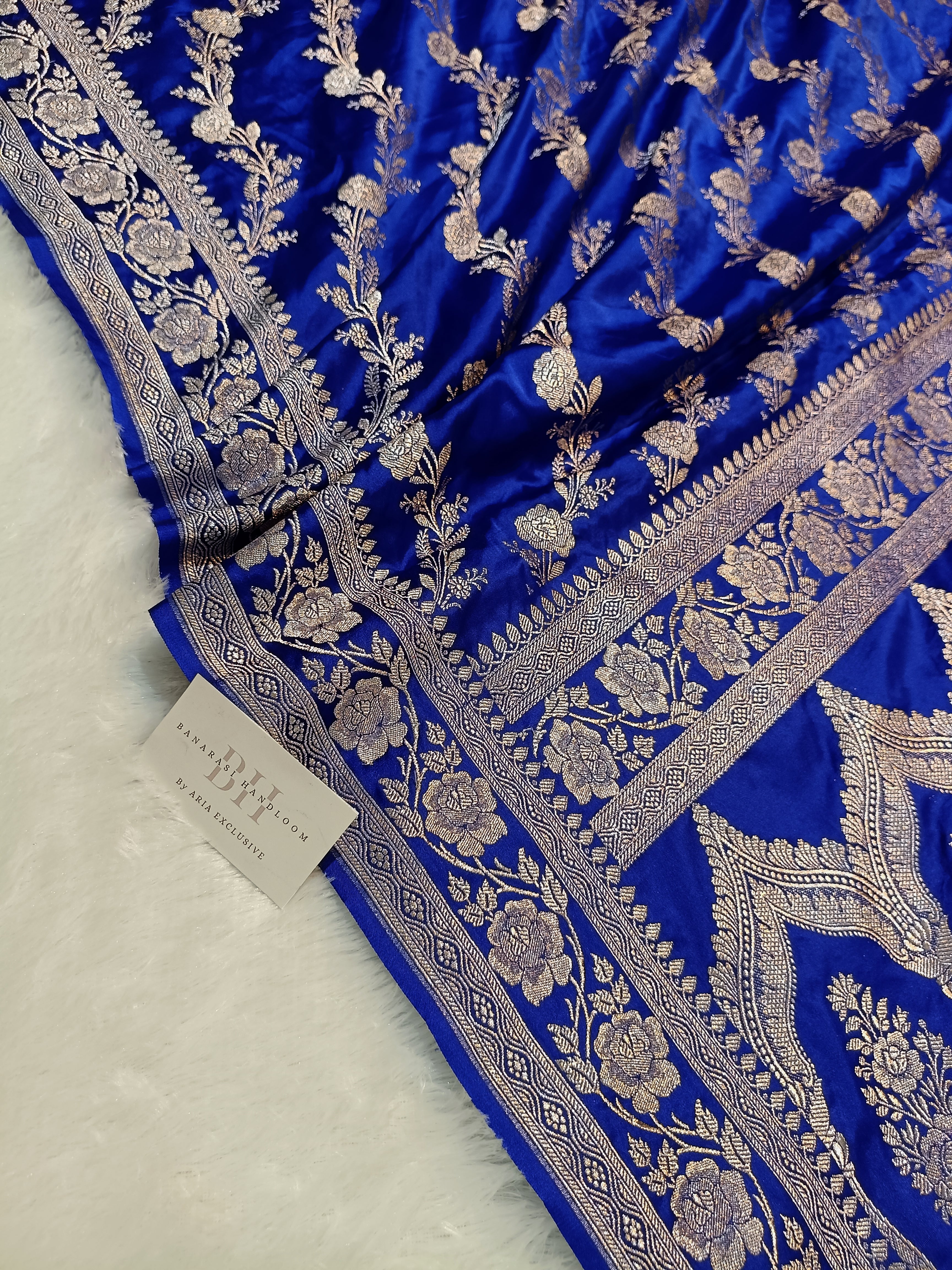Pure Handloom Mashru Katan Silk Banarasi Saree with Floral Jaal and Border Weaving