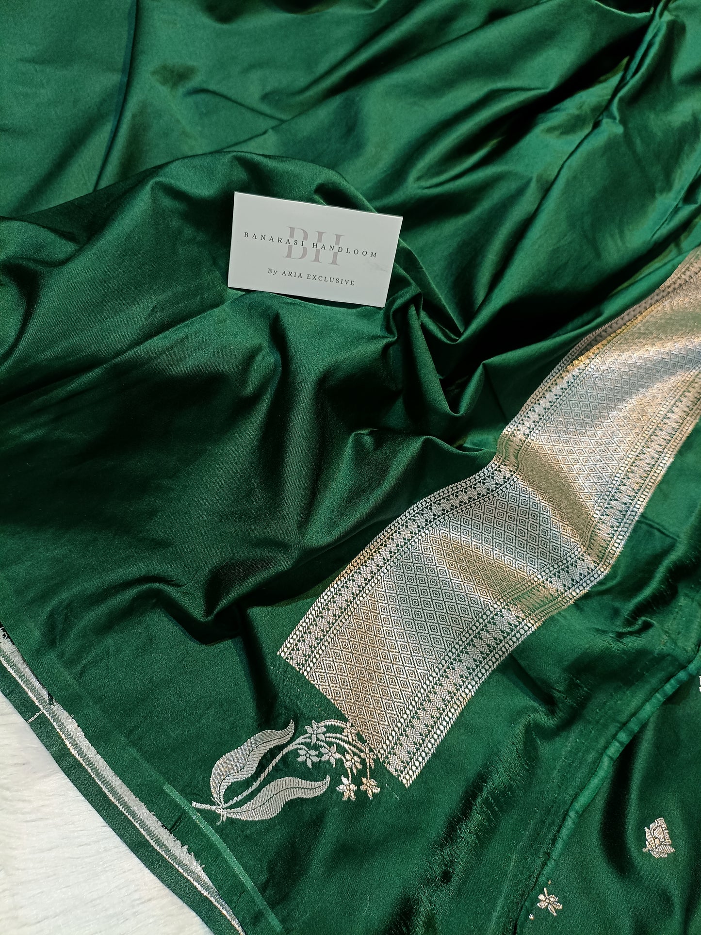 Pure Handloom Mashru Katan Silk Open Border Banarasi Saree with Leaf Motif Weaving