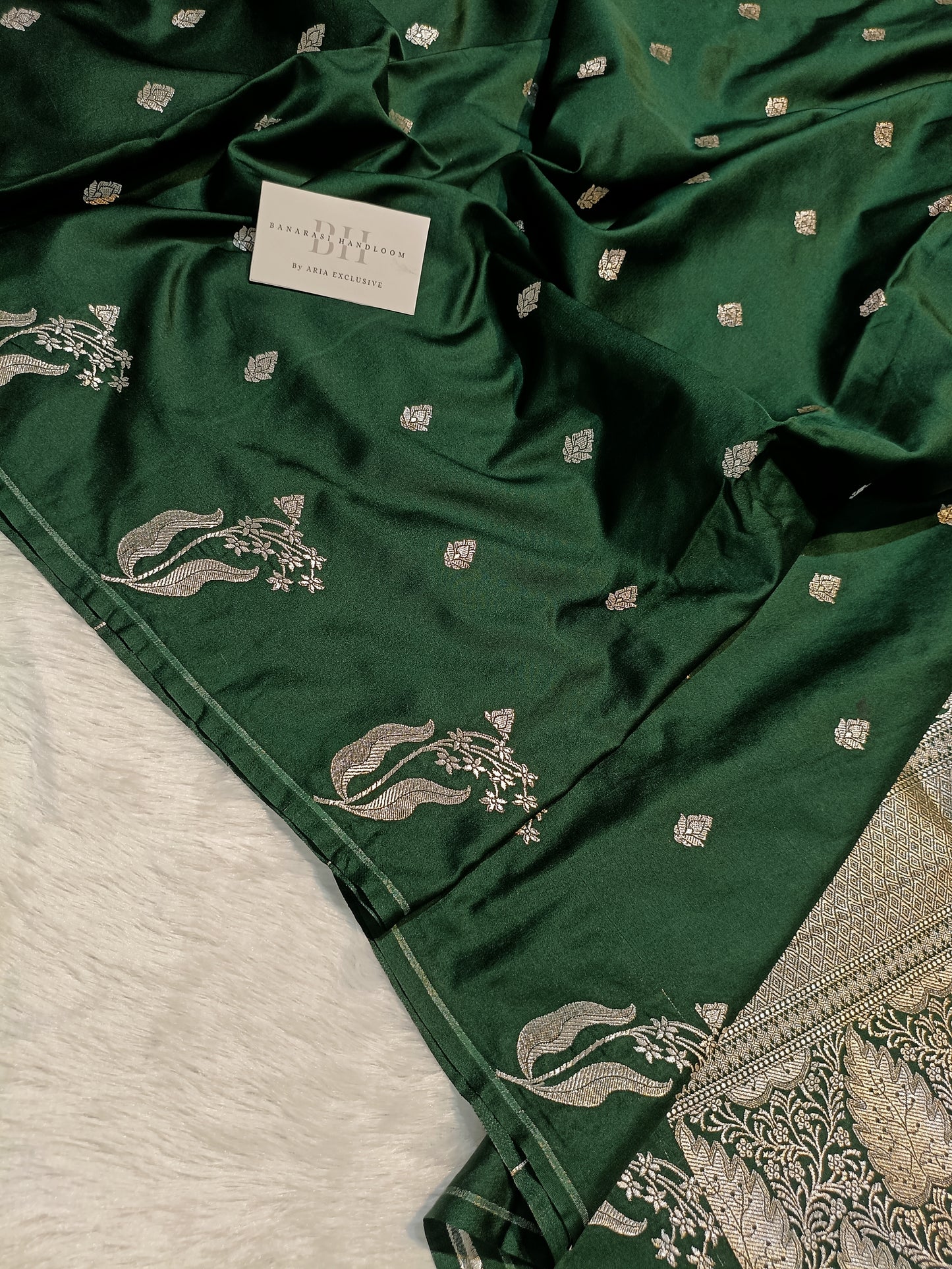 Pure Handloom Mashru Katan Silk Open Border Banarasi Saree with Leaf Motif Weaving