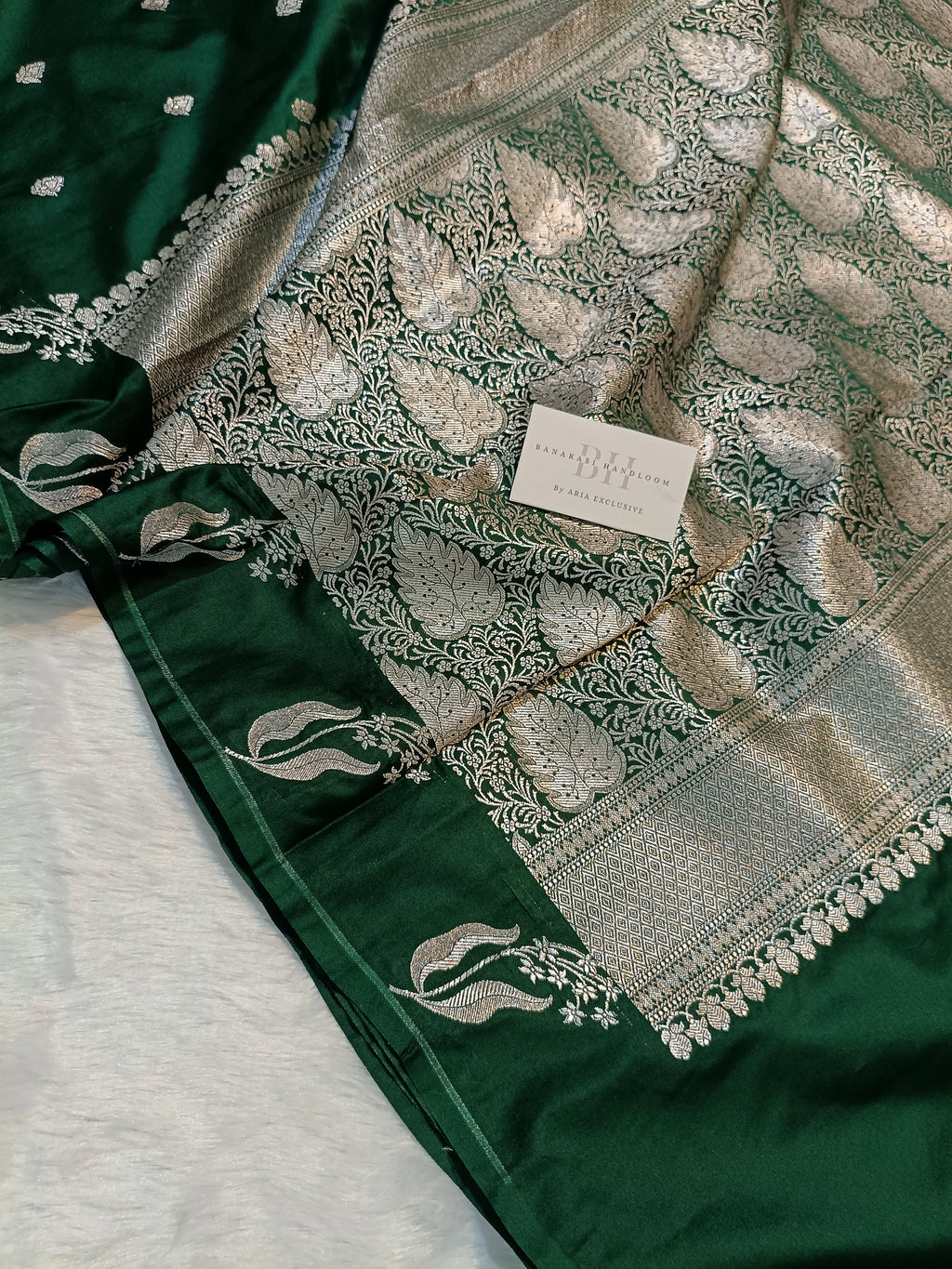 Pure Handloom Mashru Katan Silk Open Border Banarasi Saree with Leaf Motif Weaving