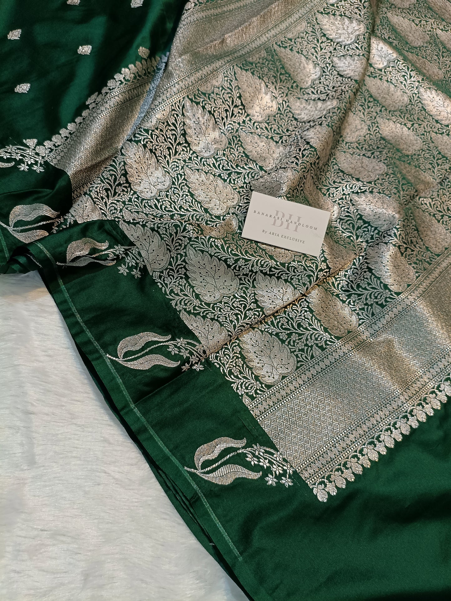 Pure Handloom Mashru Katan Silk Open Border Banarasi Saree with Leaf Motif Weaving