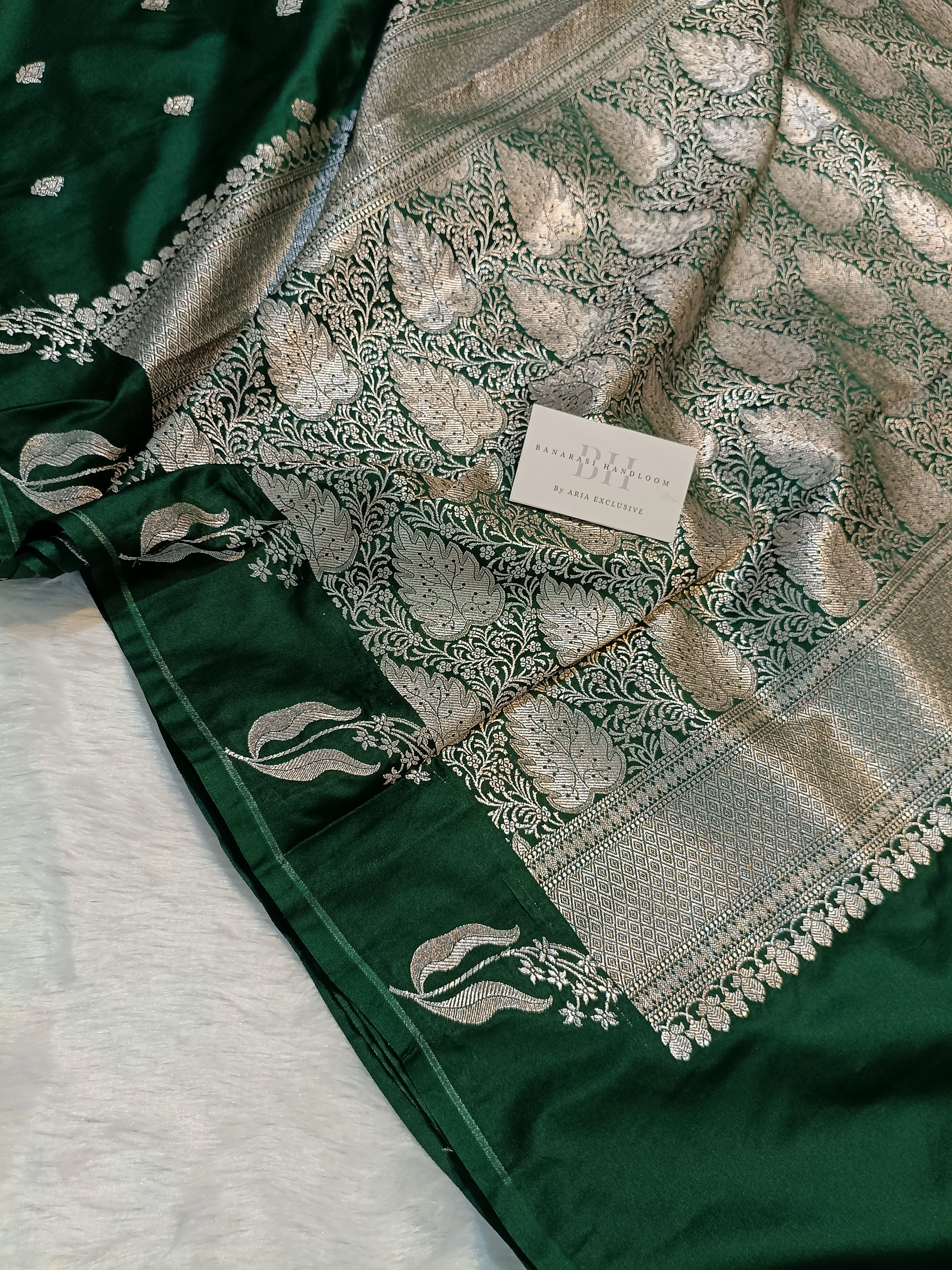 Pure Handloom Mashru Katan Silk Open Border Banarasi Saree with Leaf Motif Weaving