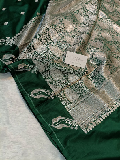 Pure Handloom Mashru Katan Silk Open Border Banarasi Saree with Leaf Motif Weaving