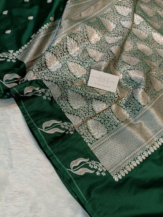 Pure Handloom Mashru Katan Silk Open Border Banarasi Saree with Leaf Motif Weaving