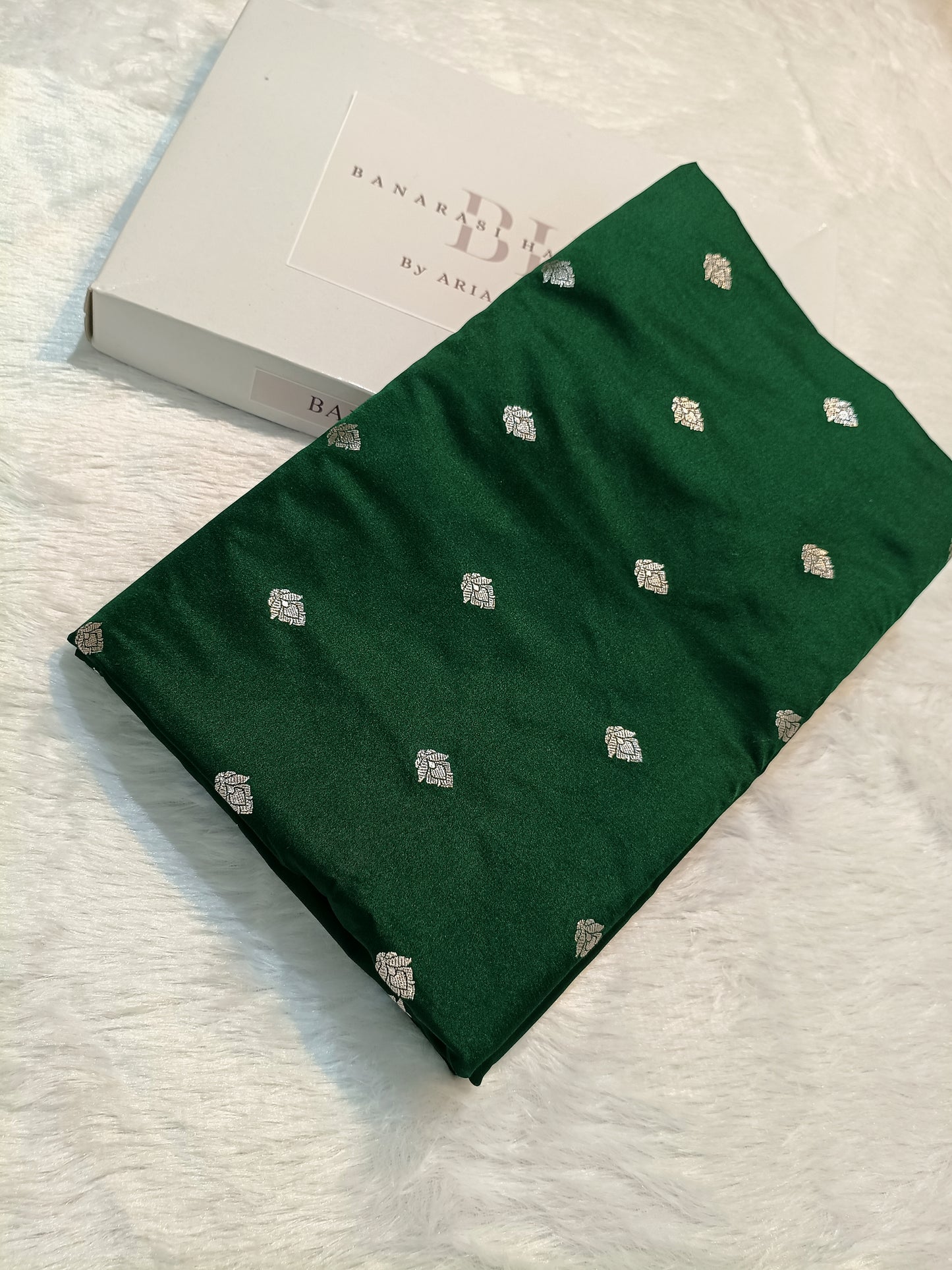 Pure Handloom Mashru Katan Silk Open Border Banarasi Saree with Leaf Motif Weaving