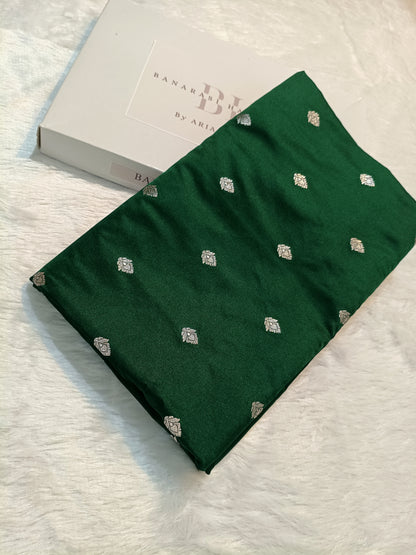 Pure Handloom Mashru Katan Silk Open Border Banarasi Saree with Leaf Motif Weaving