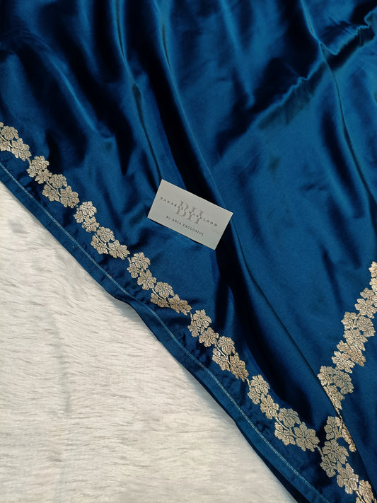Pure Handloom Mashru Katan Silk Open Border Banarasi Saree with Floral Vine Weaving