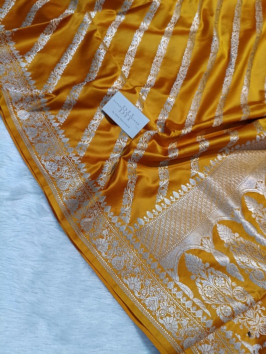Pure Handloom Mashru Katan Silk Banarasi Saree with Floral Stripe Weaving and Designer Border
