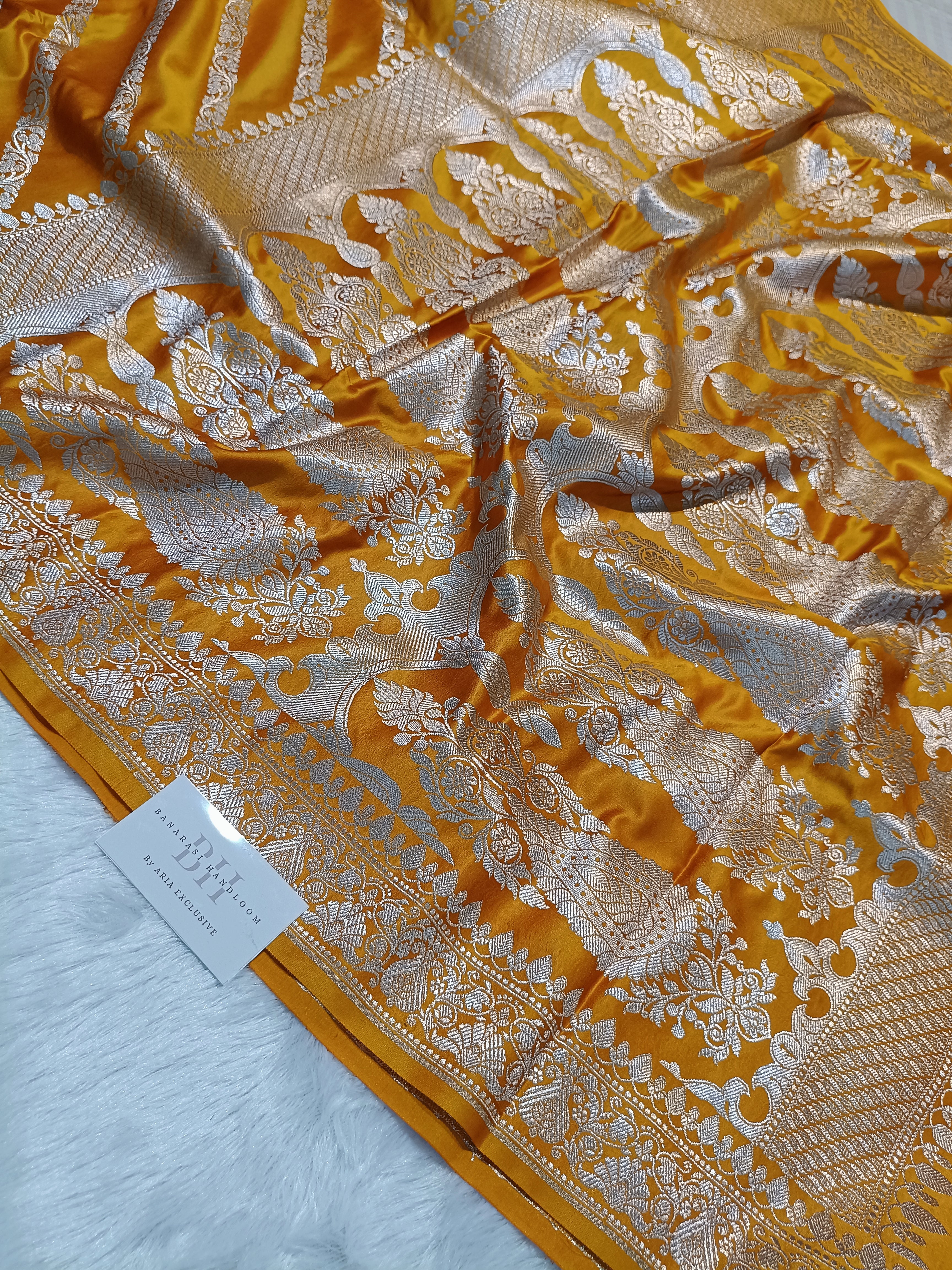 Pure Handloom Mashru Katan Silk Banarasi Saree with Floral Stripe Weaving and Designer Border