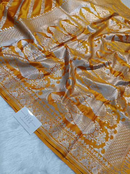 Pure Handloom Mashru Katan Silk Banarasi Saree with Floral Stripe Weaving and Designer Border