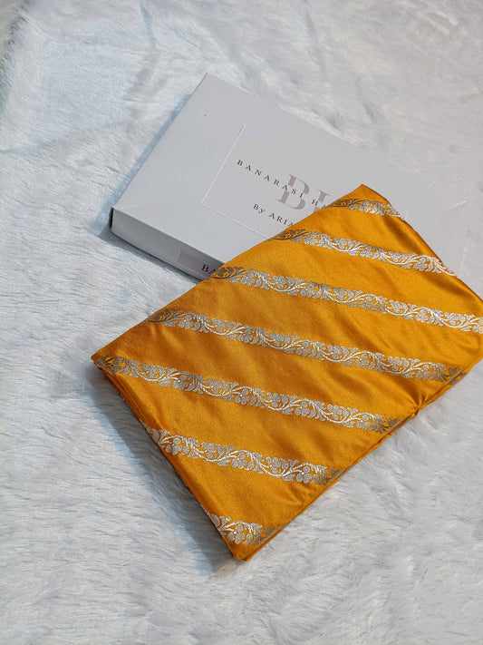 Pure Handloom Mashru Katan Silk Banarasi Saree with Floral Stripe Weaving and Designer Border