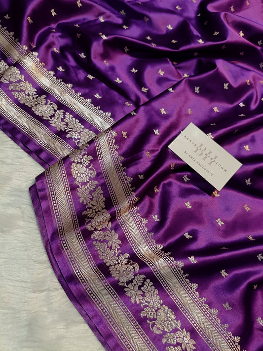 Pure Handloom Mashru Katan Silk Banarasi Saree with Small Leaf Booti and Designer Jaal Border