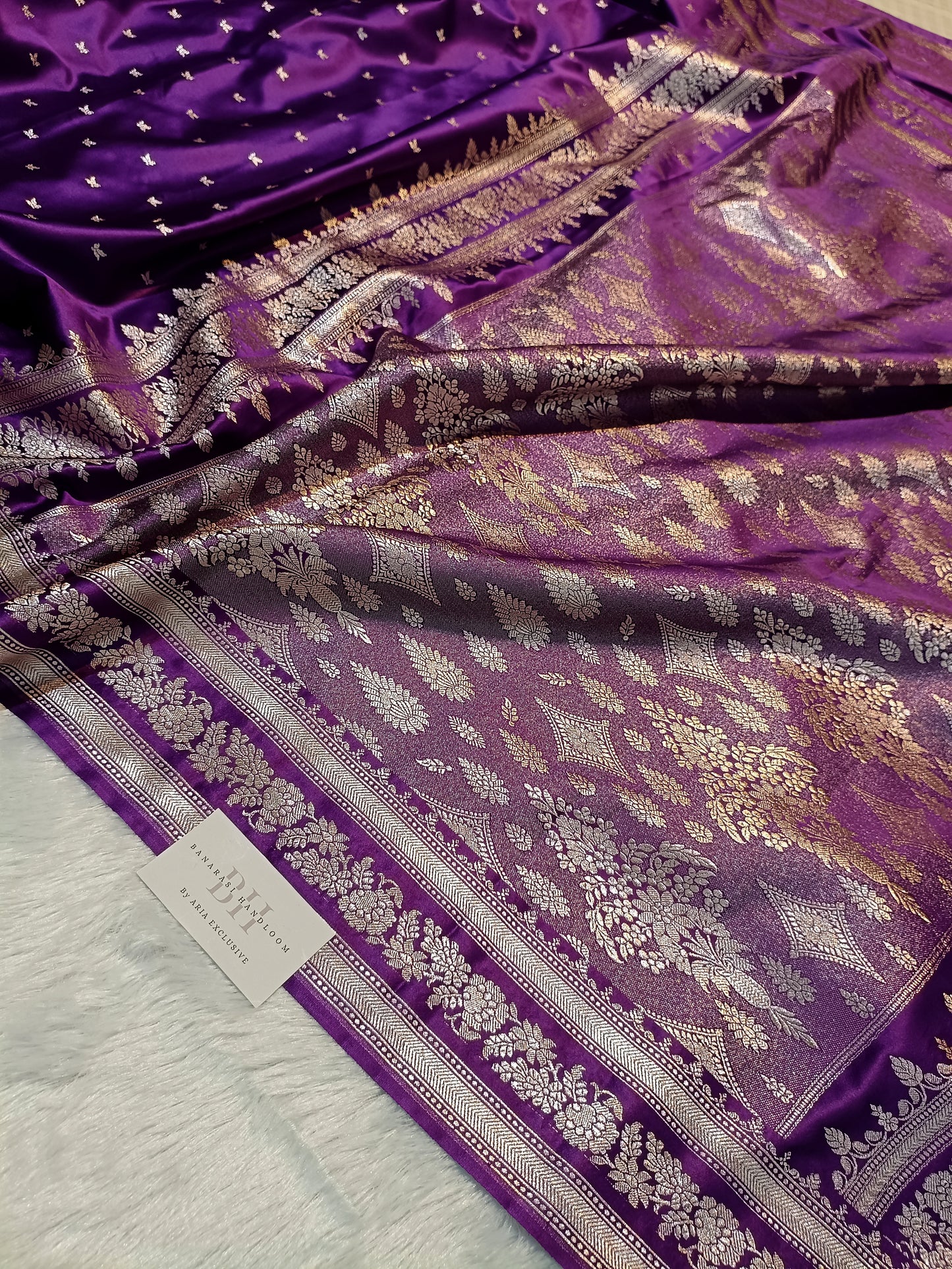 Pure Handloom Mashru Katan Silk Banarasi Saree with Small Leaf Booti and Designer Jaal Border