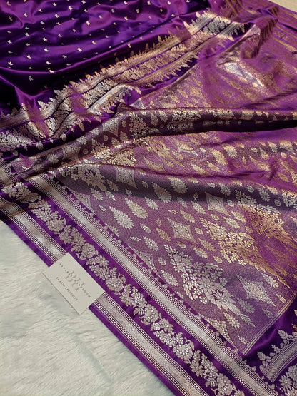 Pure Handloom Mashru Katan Silk Banarasi Saree with Small Leaf Booti and Designer Jaal Border