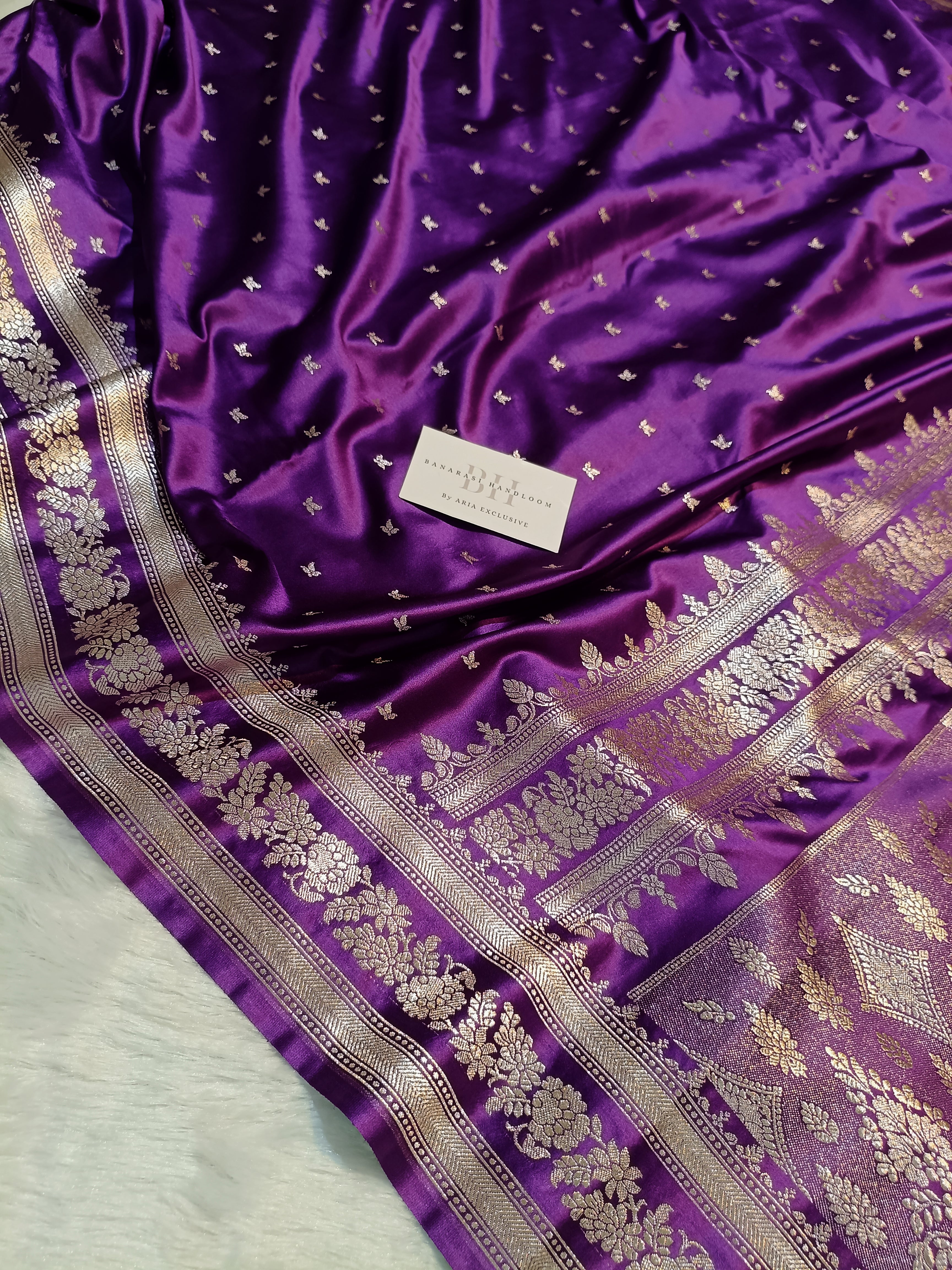Pure Handloom Mashru Katan Silk Banarasi Saree with Small Leaf Booti and Designer Jaal Border