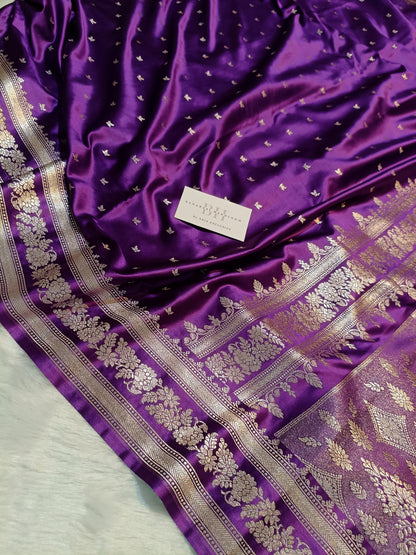 Pure Handloom Mashru Katan Silk Banarasi Saree with Small Leaf Booti and Designer Jaal Border
