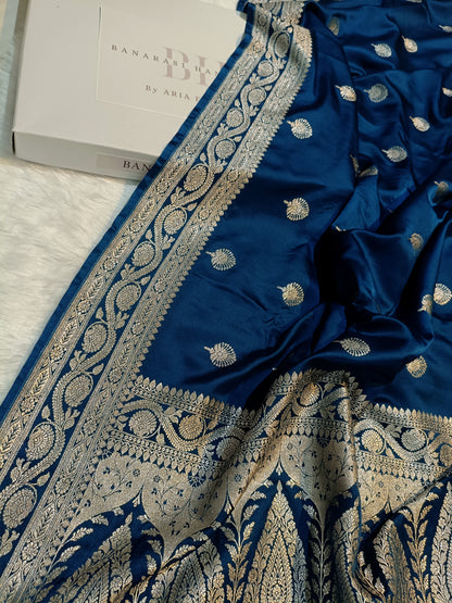 Pure Handloom Mashru Katan Silk Banarasi Saree with Floral Booti and Rich Floral Border Weaving