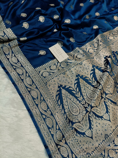 Pure Handloom Mashru Katan Silk Banarasi Saree with Floral Booti and Rich Floral Border Weaving