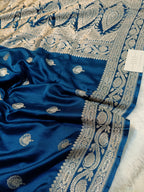 Pure Handloom Mashru Katan Silk Banarasi Saree with Floral Booti and Rich Floral Border Weaving