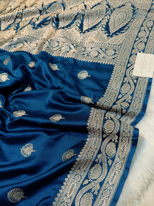 Pure Handloom Mashru Katan Silk Banarasi Saree with Floral Booti and Rich Floral Border Weaving