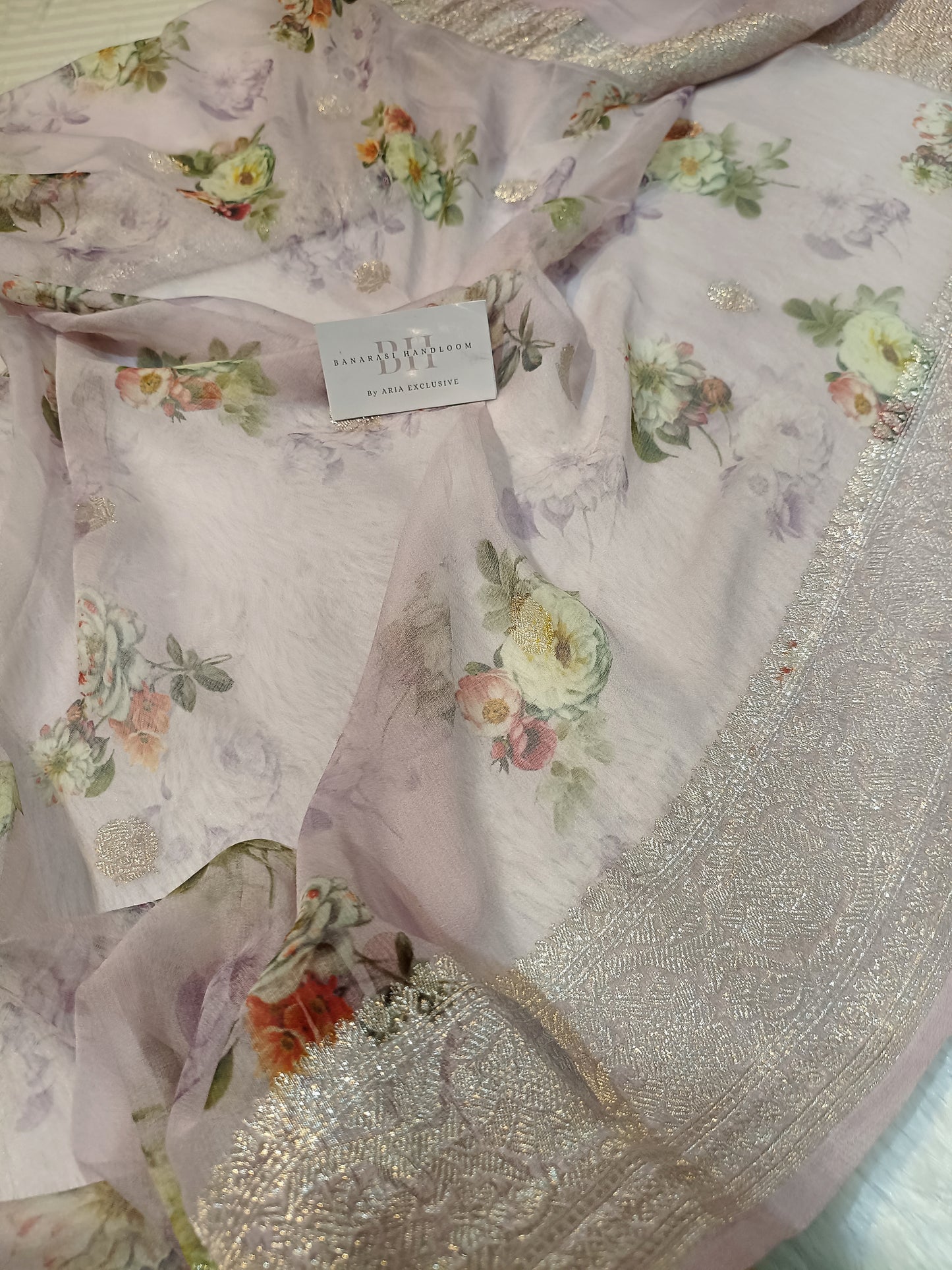 Pure Handloom Khaddi Chiffon Banarasi Saree with Floral Digital Print
