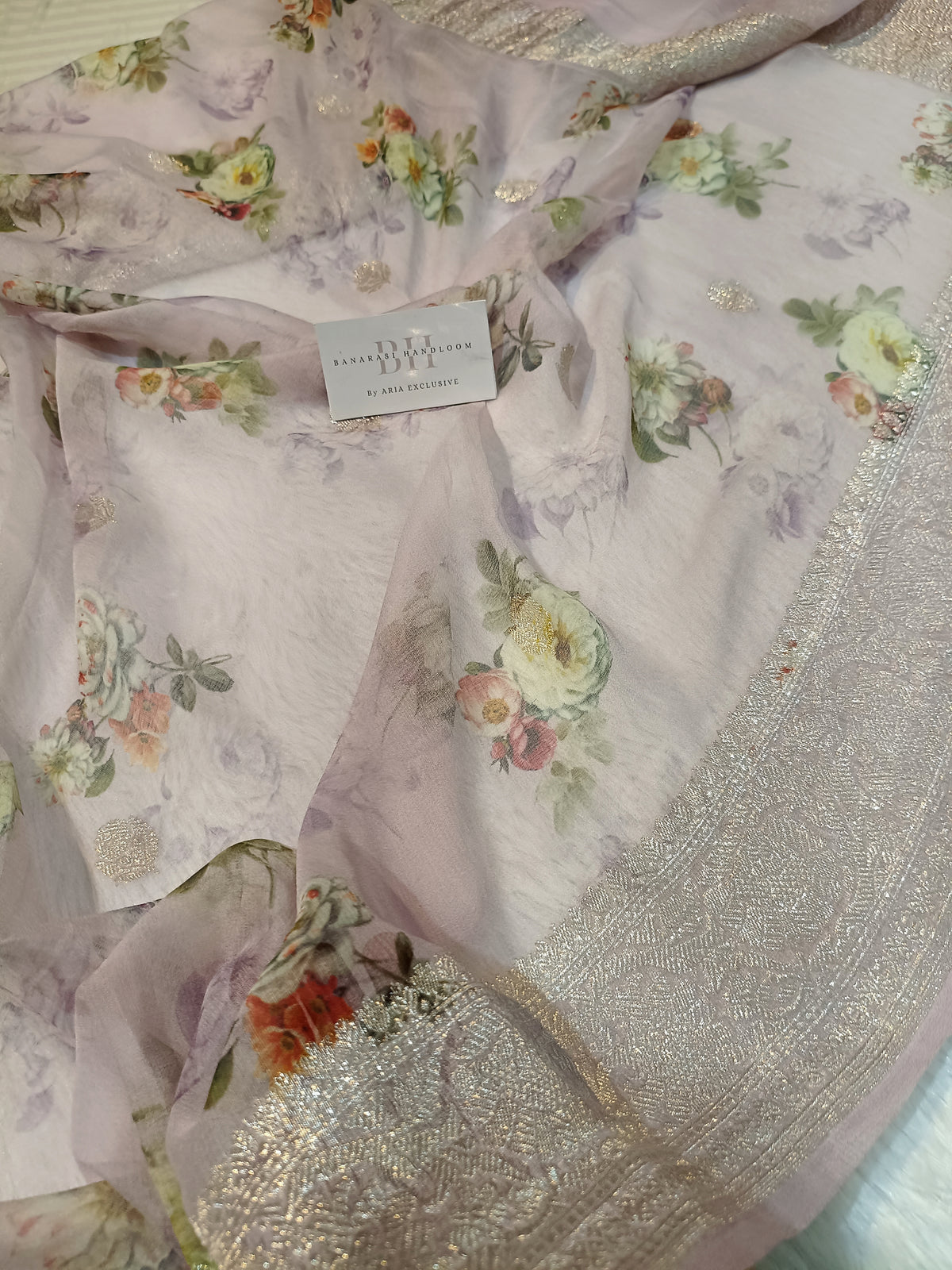 Pure Handloom Khaddi Chiffon Banarasi Saree with Floral Digital Print