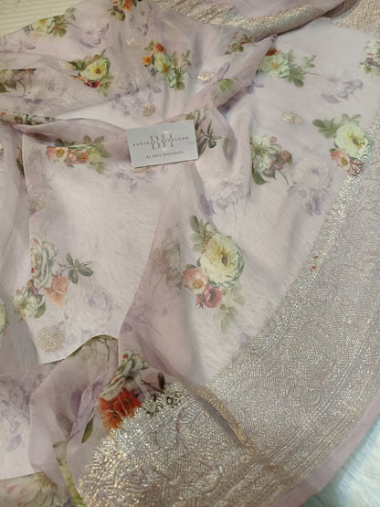 Pure Handloom Khaddi Chiffon Banarasi Saree with Floral Digital Print