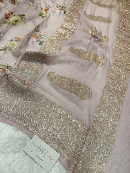 Pure Handloom Khaddi Chiffon Banarasi Saree with Floral Digital Print