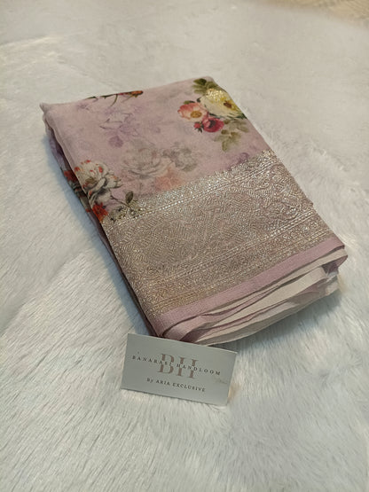 Pure Handloom Khaddi Chiffon Banarasi Saree with Floral Digital Print