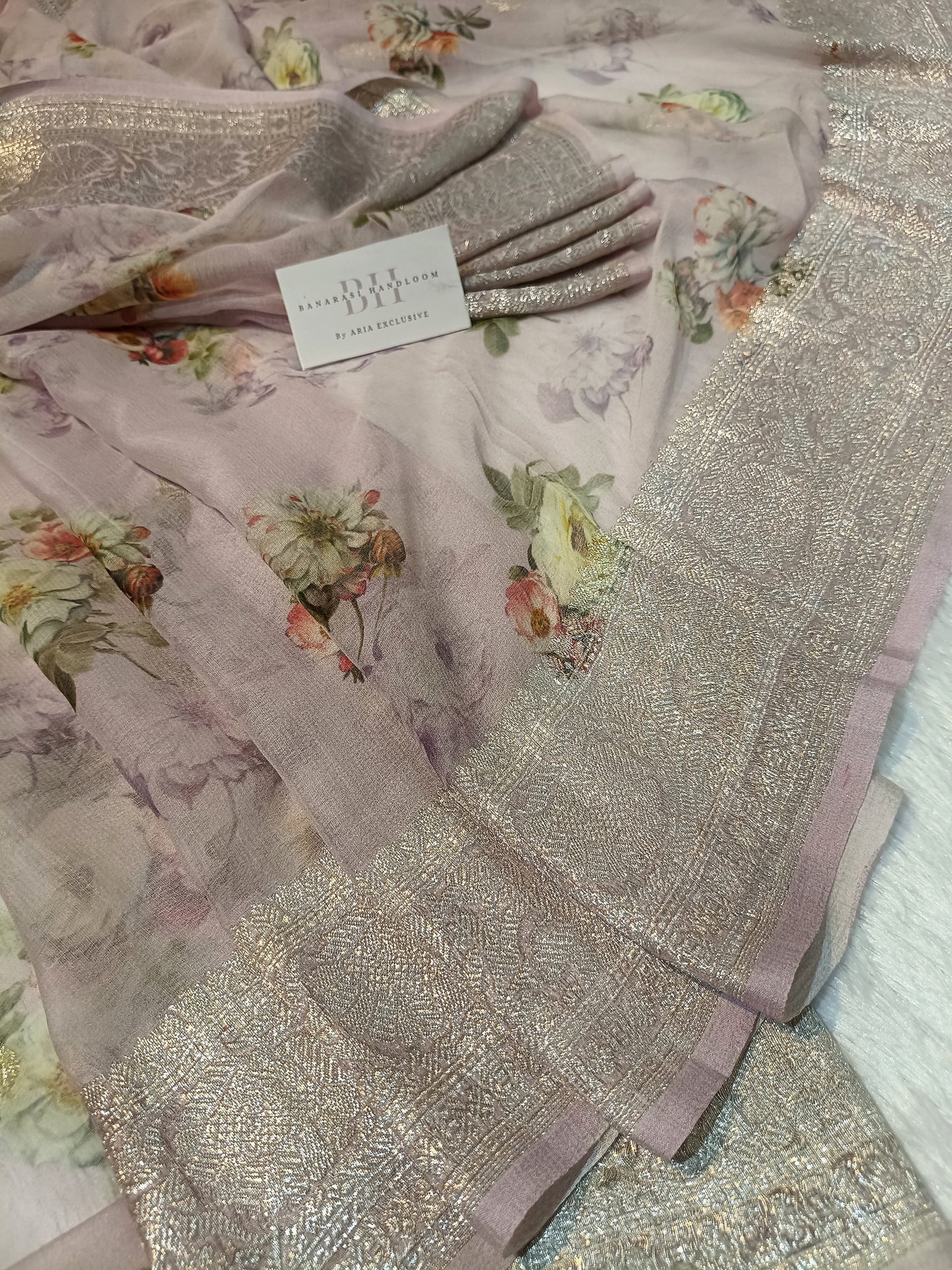 Pure Handloom Khaddi Chiffon Banarasi Saree with Floral Digital Print